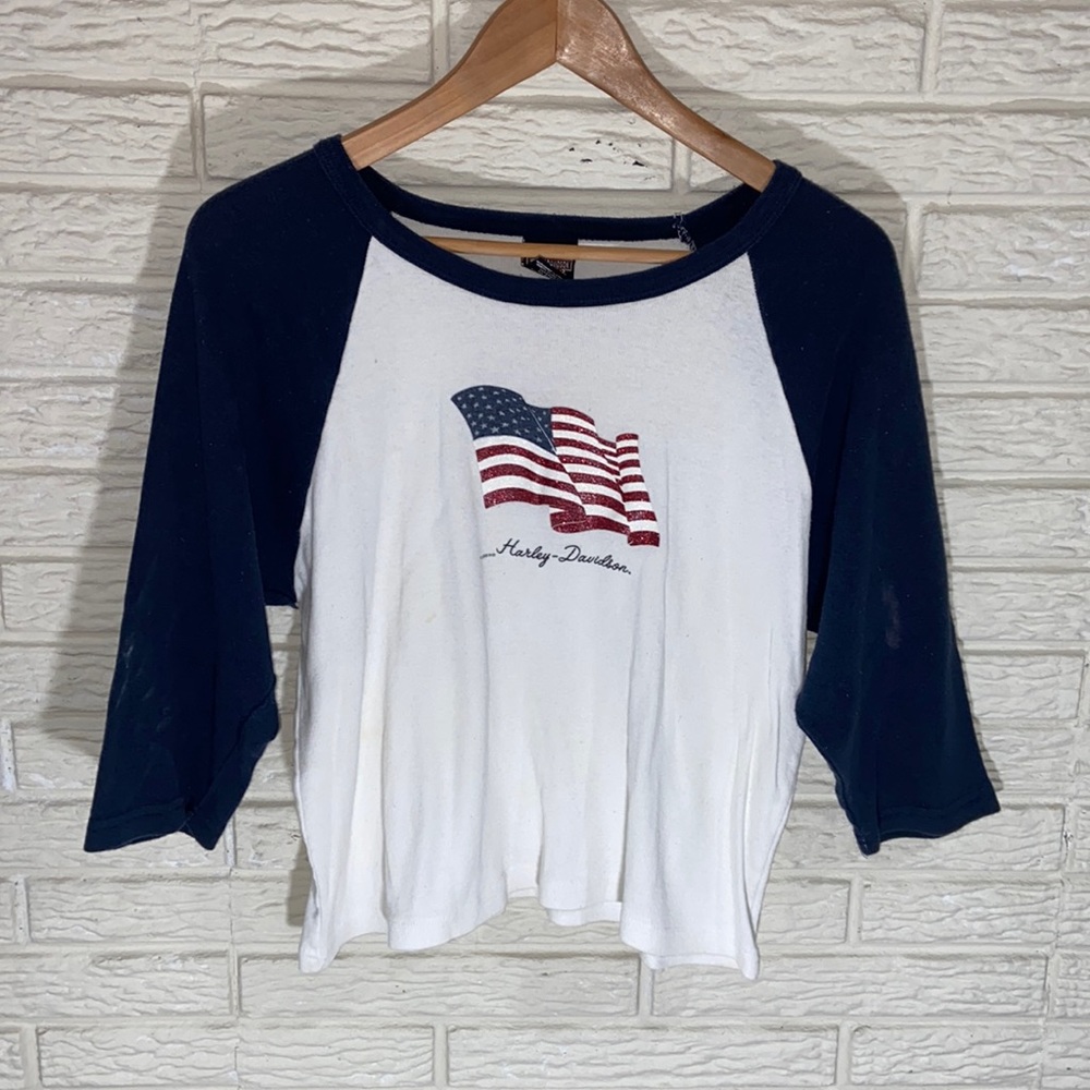 Harley Davidson American Flag 3/4 Sleeve Baseball Tee Ft. Lauderdale Florida
